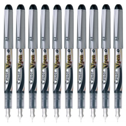 10 x PILOT V Pen Disposable Fountain Pen - Black - Fine size nib