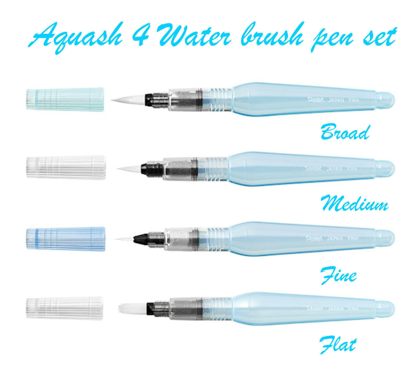 Pentel Aquash Water Brush 4 Pen set - Fine, Medium, Broad and Flat - Image 2