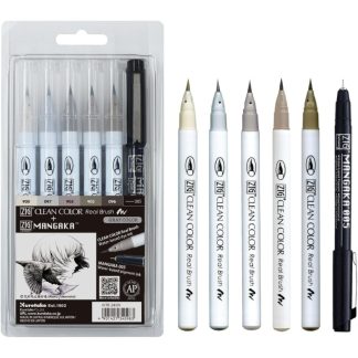 ZIG Inktober Clean Colour Real Brush + Cartoonist MANGAKA 6 pc set