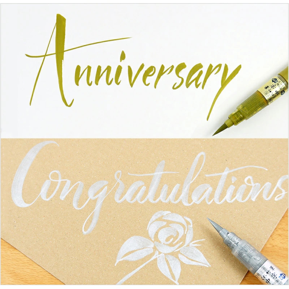 ZIG Kuretake Compact Brush pen Medium tip - Gold & Silver set - Image 4