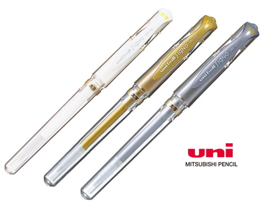 Uniball Signo Broad Rollerball Gel Pen UM-153: White, Gold and Silver pen set
