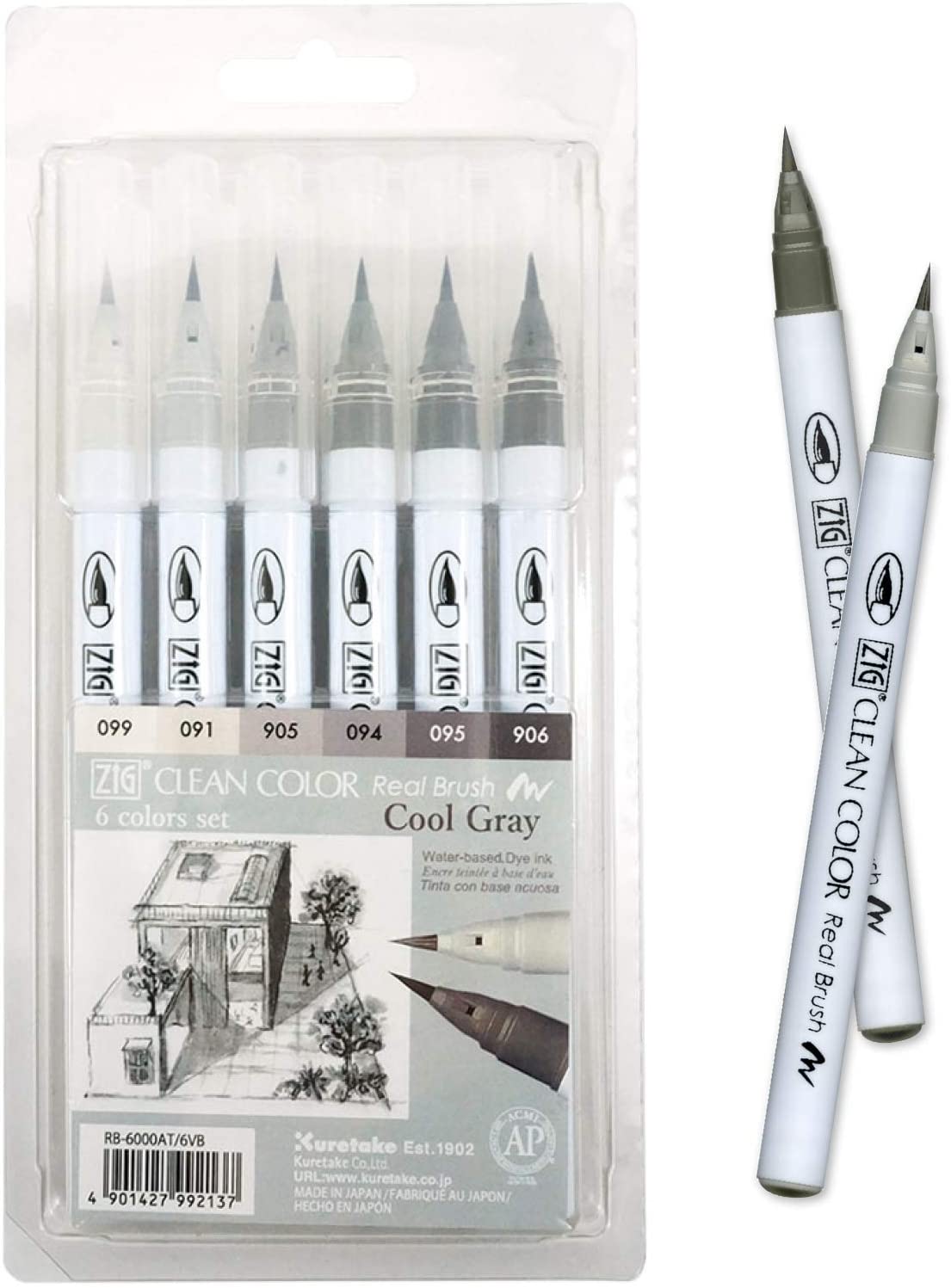 ZIG Clean colour real brush pen 6 colour set : Cool Gray