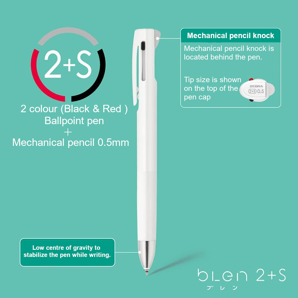 Zebra bLen 2+S Multi pen (Black/Red ink 0.5 + Pencil 0.5) Pink Barrel - Image 6